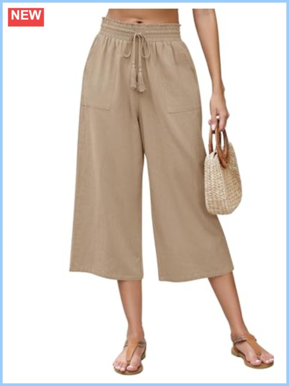Linen Wide Leg Capri Pants High Waisted Elastic Waist